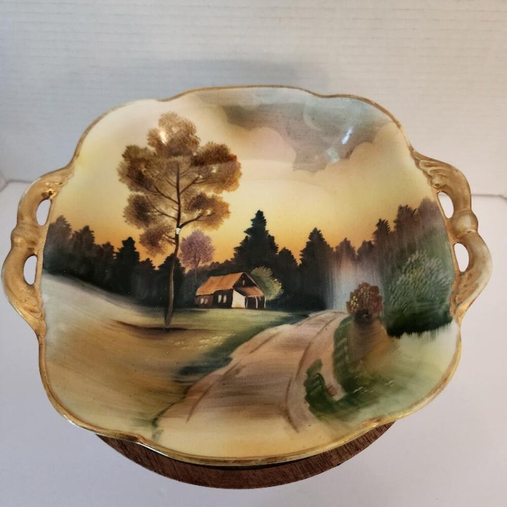 Antique Nippon Hand Painted Handled Square Bowl Dish - Gold Trim House Tree Farm